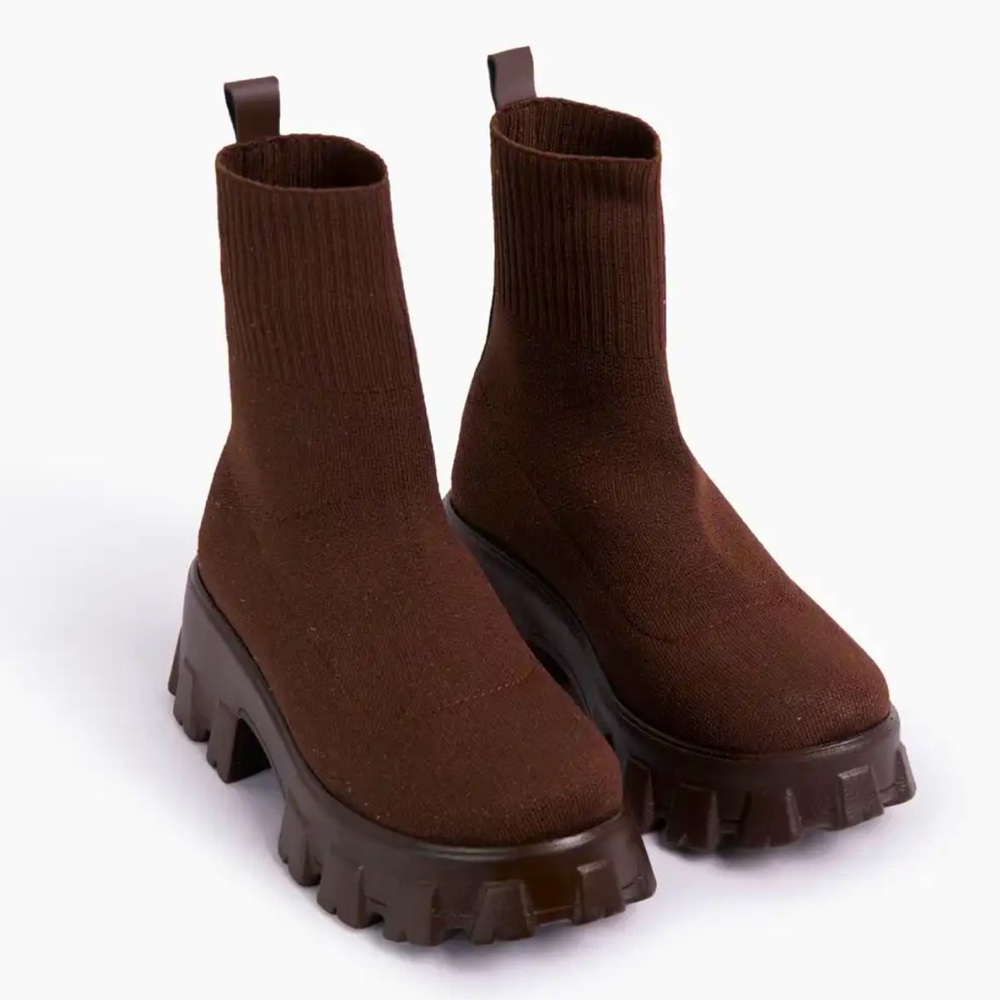 Brown Chunky Sole Ankle Sock Boots